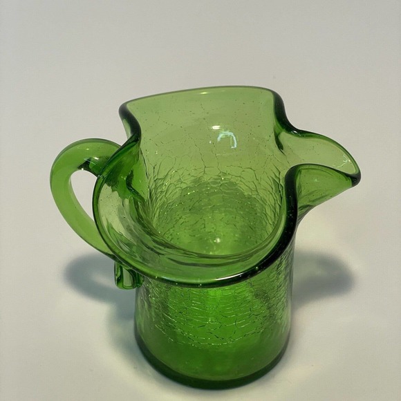 Vintage Glass Hand Blown Olive Green Crackle Small Glass Creamer Pitcher - Picture 5 of 8